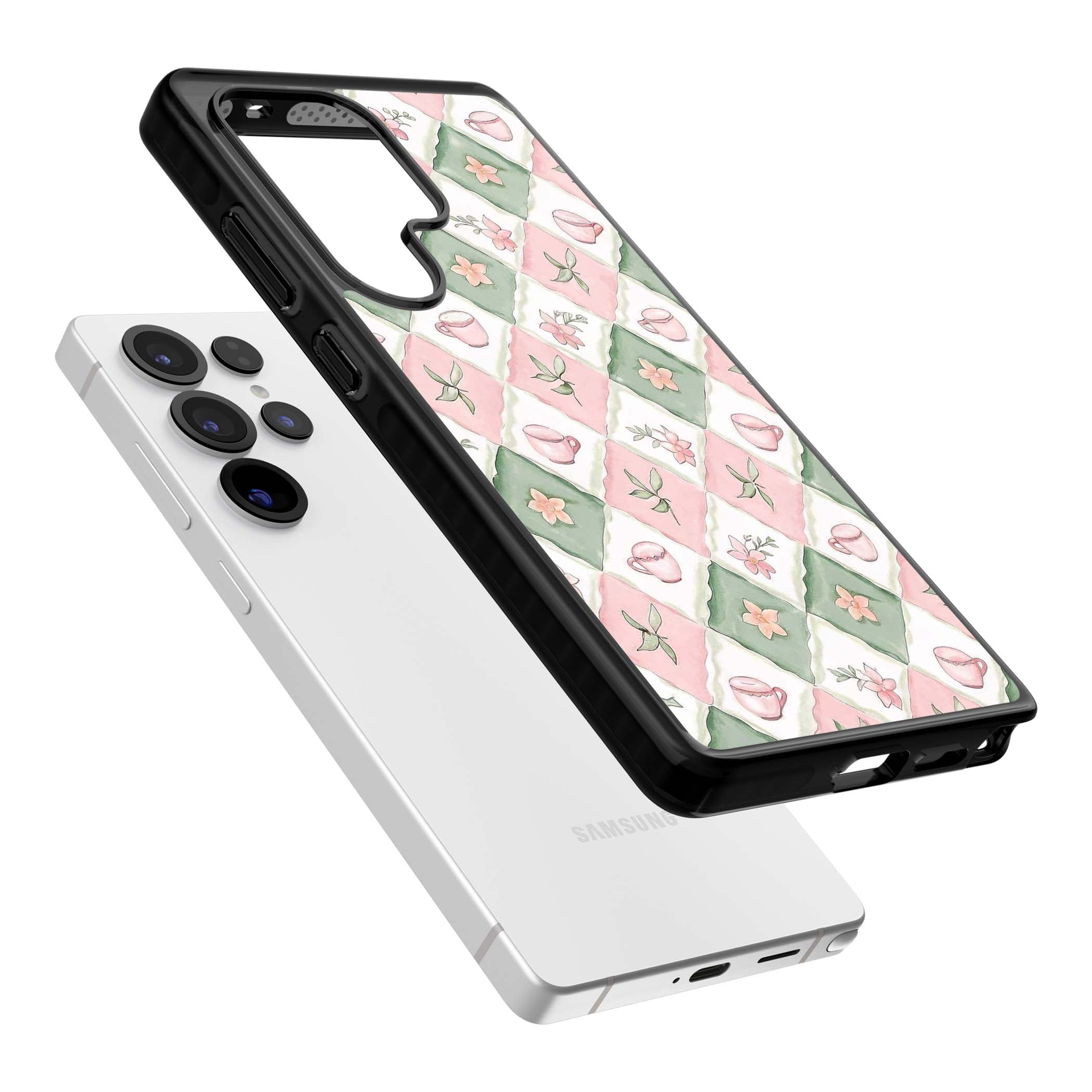 Garden Tea Party coquette iPhone case with pink and green checkered pattern, watercolour teacups and wildflowers | Black Impact case for Samsung Galaxy S25 Ultra