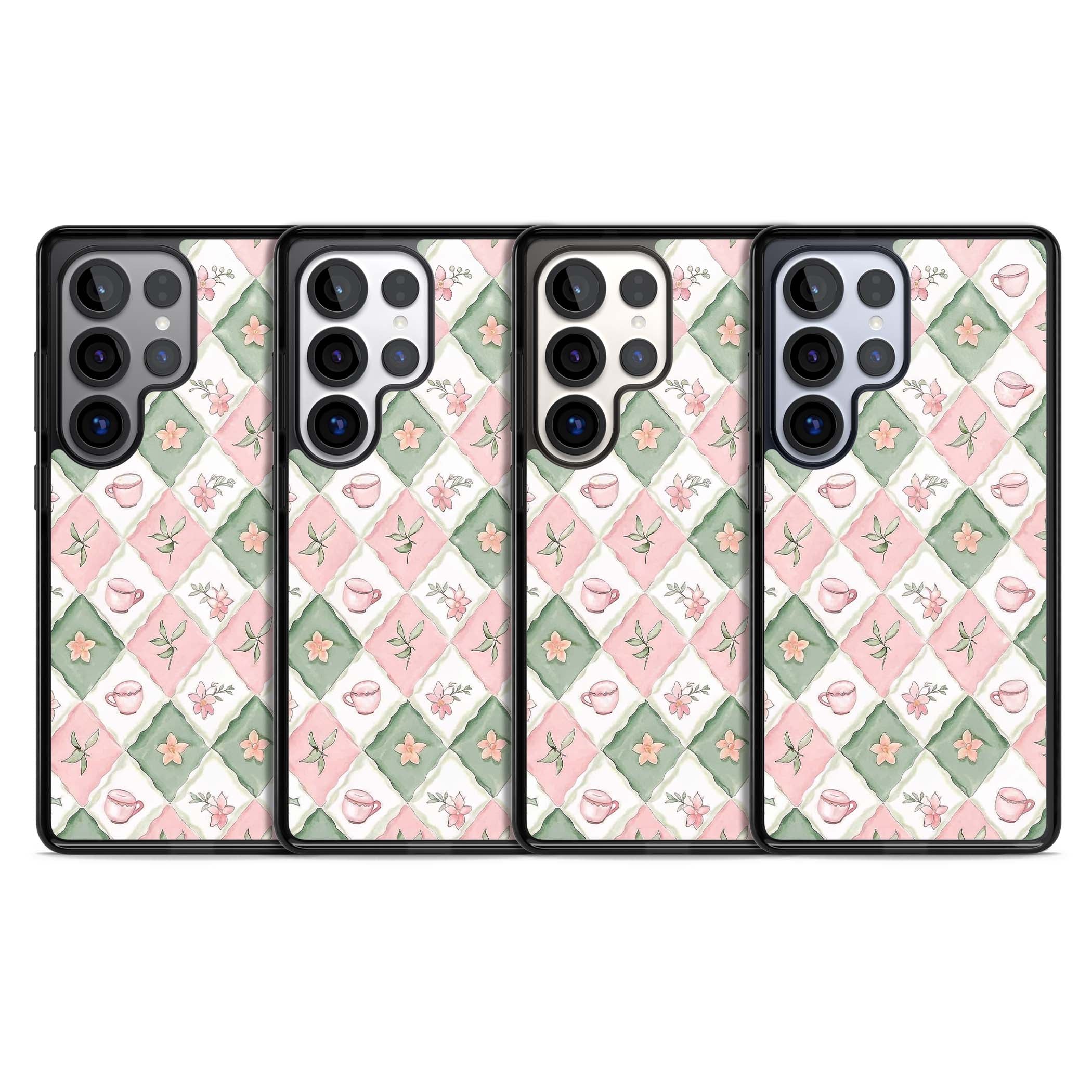 Garden Tea Party coquette iPhone case with pink and green checkered pattern, watercolour teacups and wildflowers | Black Impact case for Samsung Galaxy S25 Ultra