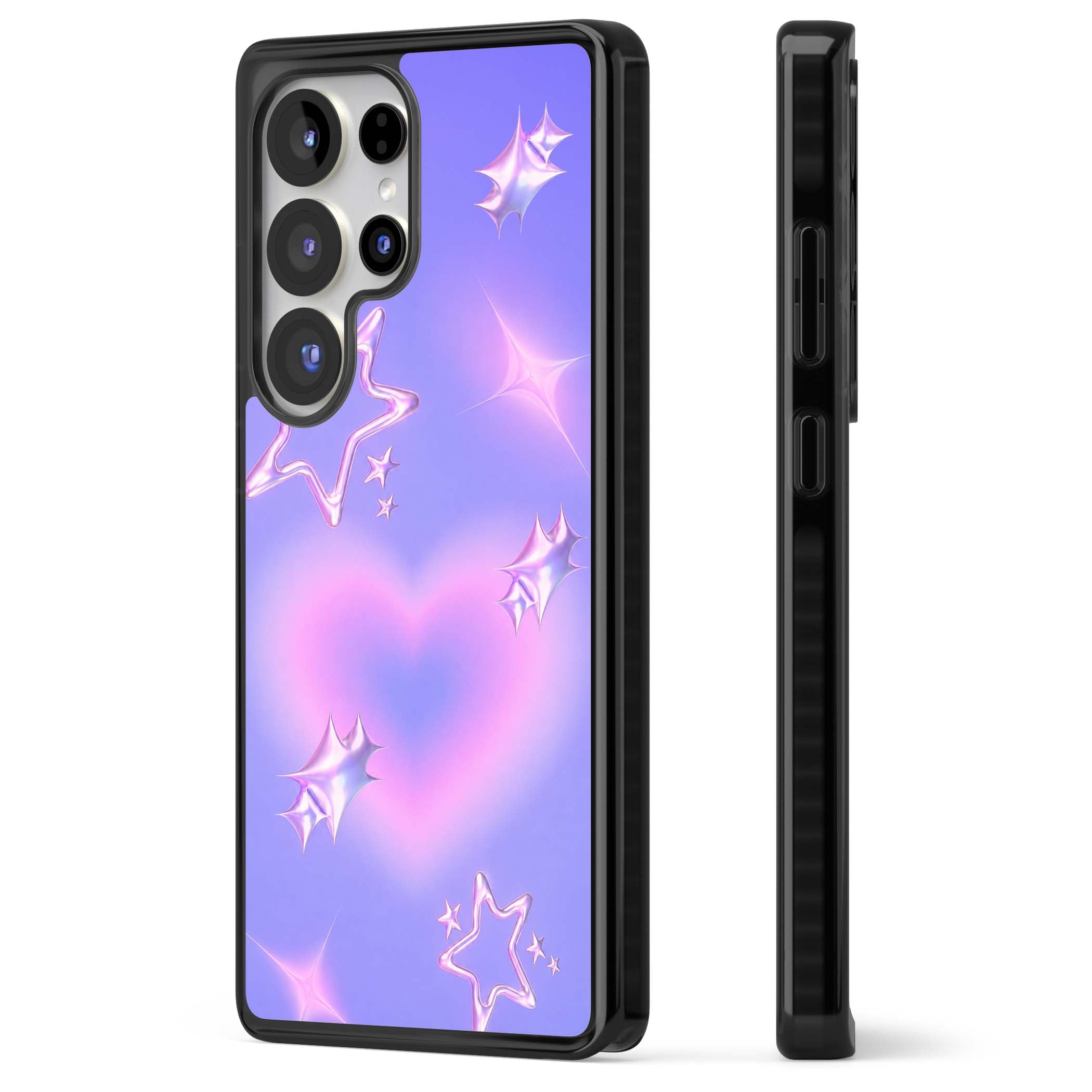 Soft Sugar Y2K iPhone case featuring iridescent chrome hearts, metallic pink stars and a lavender gradient sky | Black Impact case for Samsung Galaxy S25 Ultra