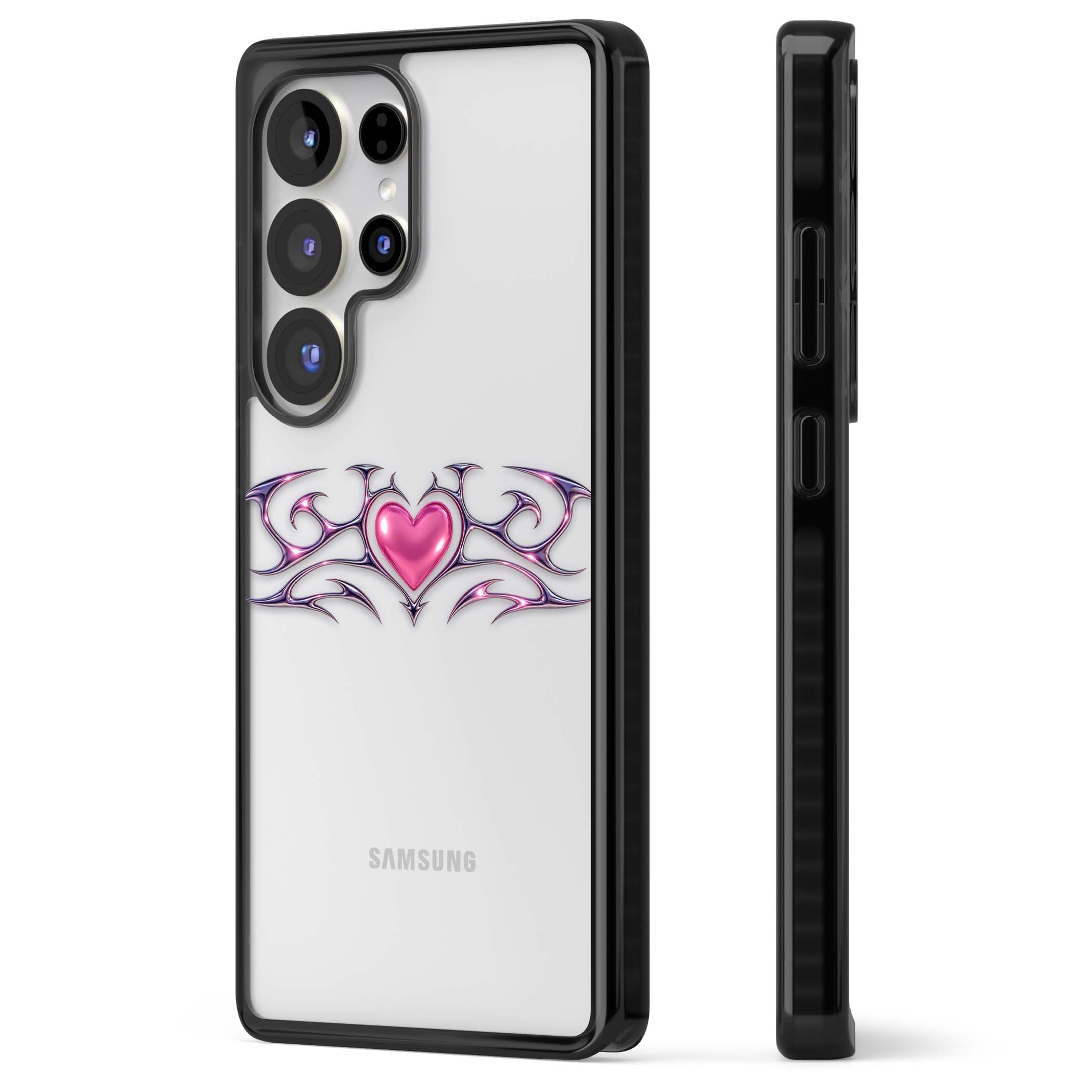 Pink Chrome Heart y2k iPhone case | Black Impact case for Samsung Galaxy S25 Ultra