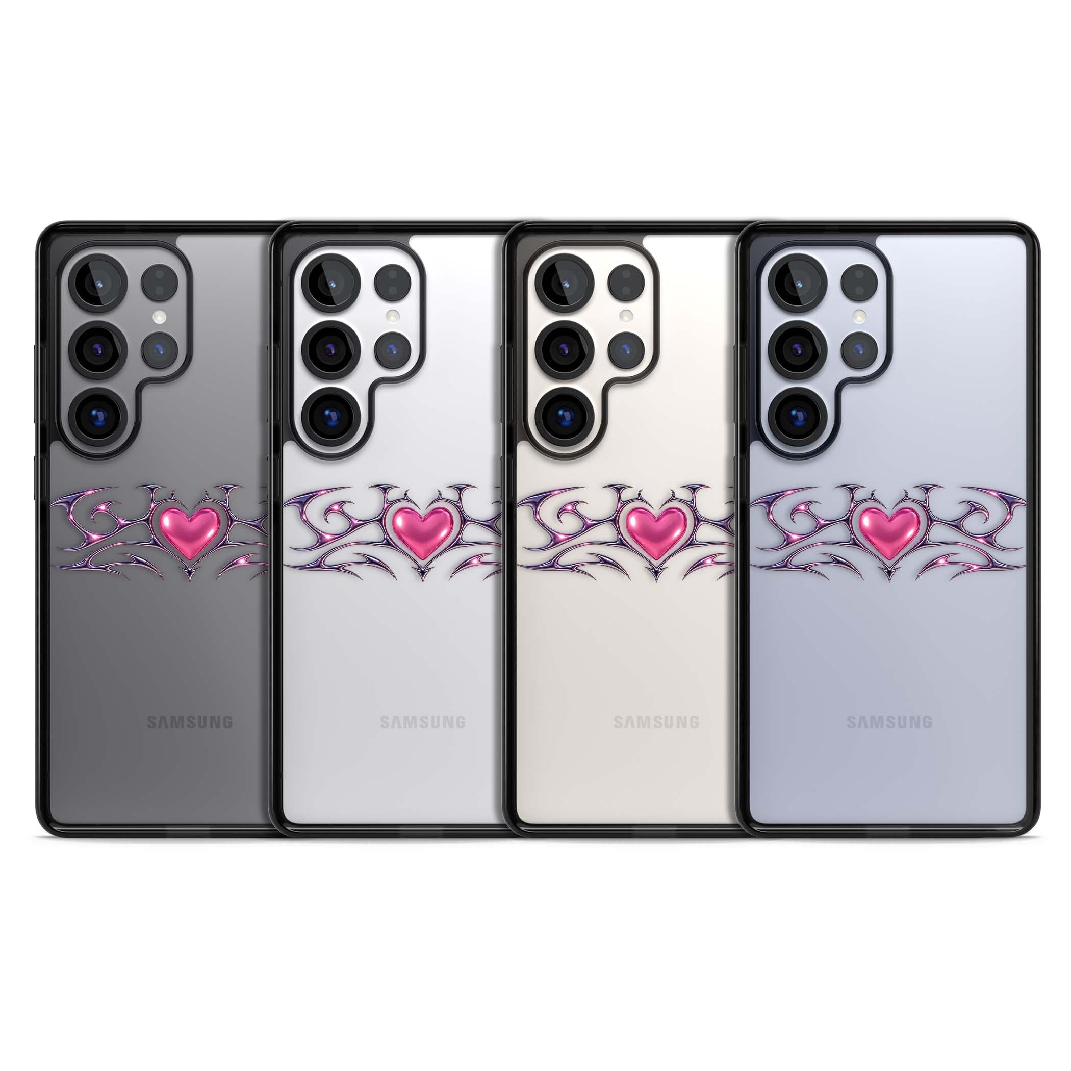 Pink Chrome Heart y2k iPhone case | Black Impact case for Samsung Galaxy S25 Ultra