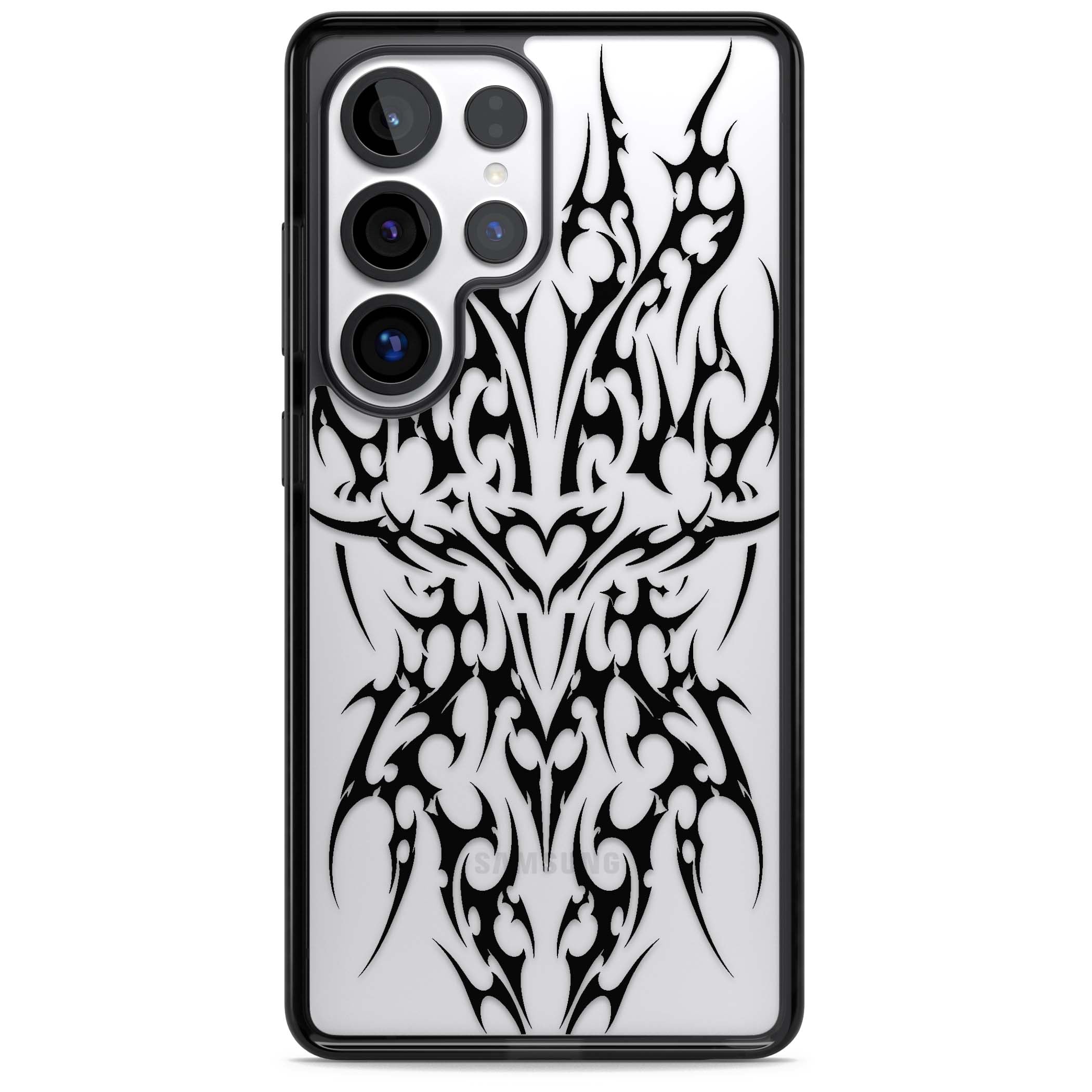 Neo Tribal Heart gothic iPhone case featuring symmetrical black tribal tattoo art with sharp thorn-like linework | Black Impact case for Samsung Galaxy S25 Ultra
