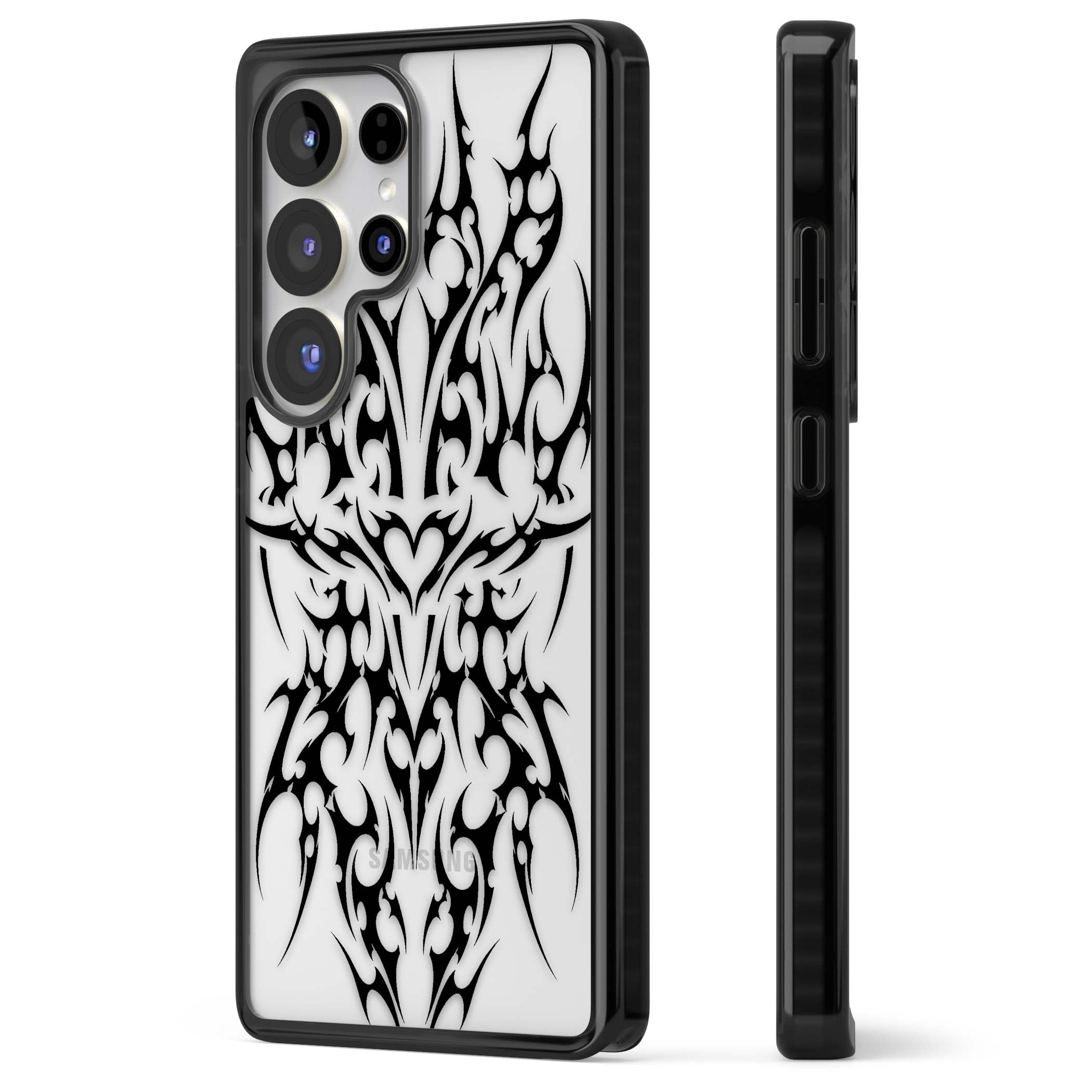 Neo Tribal Heart gothic iPhone case featuring symmetrical black tribal tattoo art with sharp thorn-like linework | Black Impact case for Samsung Galaxy S25 Ultra