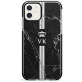 Stripes + Initials with Crown on Black Marble Black Impact Phone Case for iPhone 11