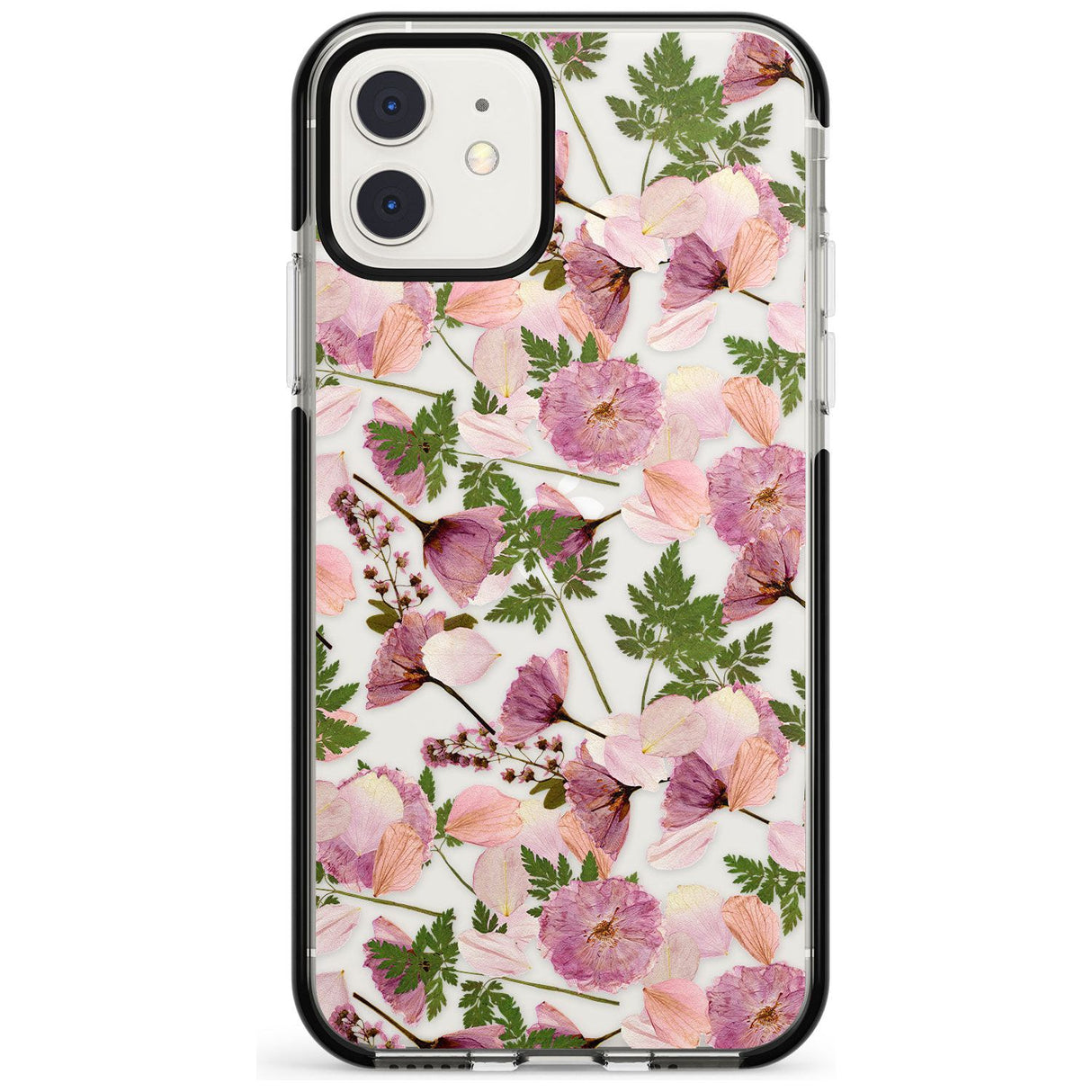 Leafy Floral Pattern Transparent Design Black Impact Phone Case for iPhone 11