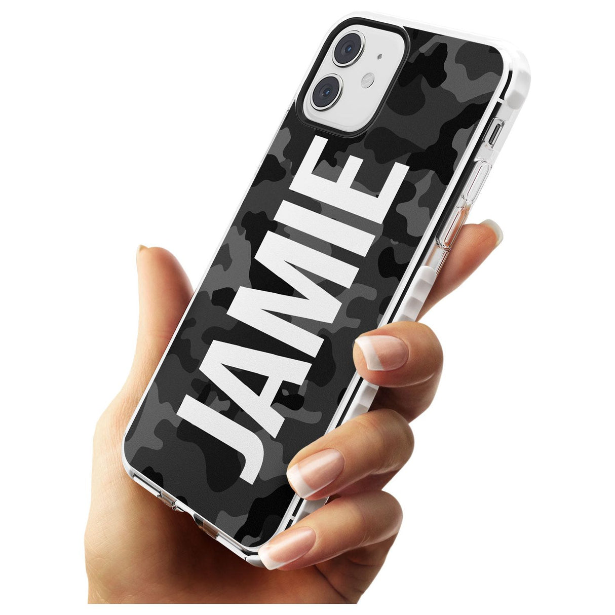 Vertical Name Personalised Black Camouflage Impact Phone Case for iPhone 11