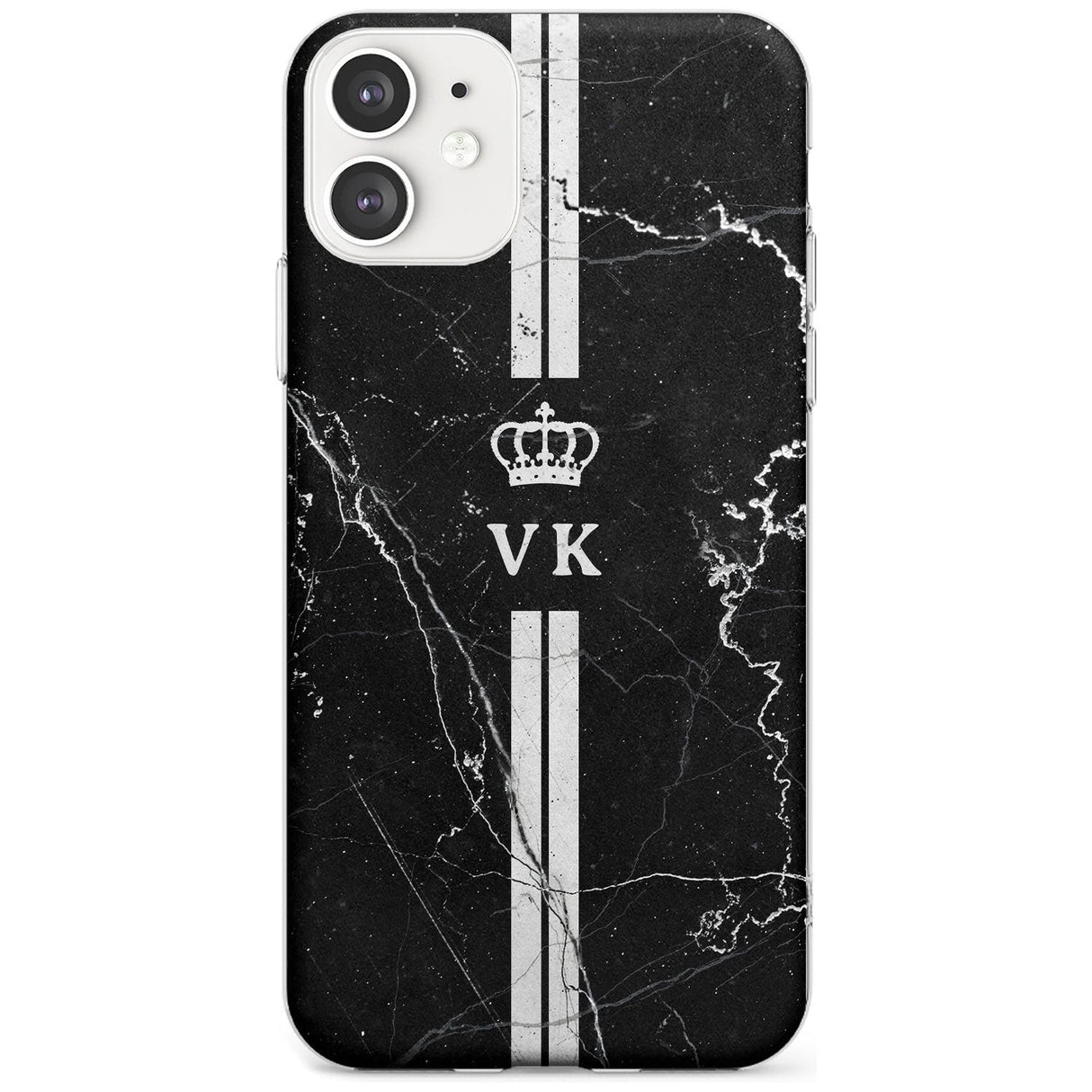 Stripes + Initials with Crown on Black Marble Slim TPU Phone Case for iPhone 11