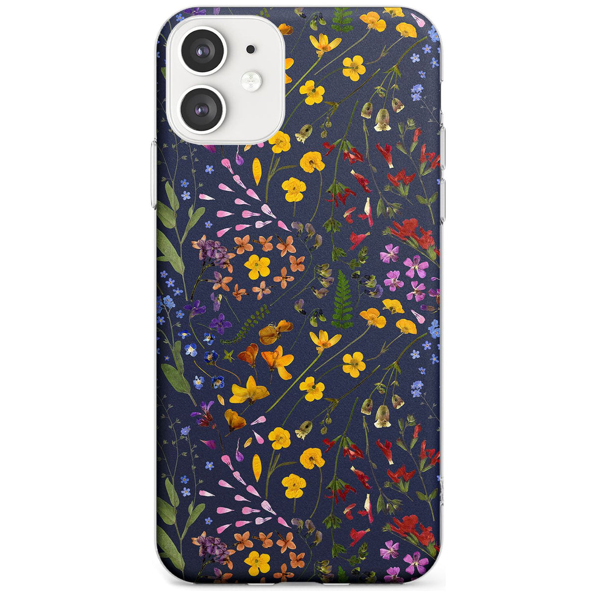 Wildflower & Leaves Cluster Design - Navy Slim TPU Phone Case for iPhone 11