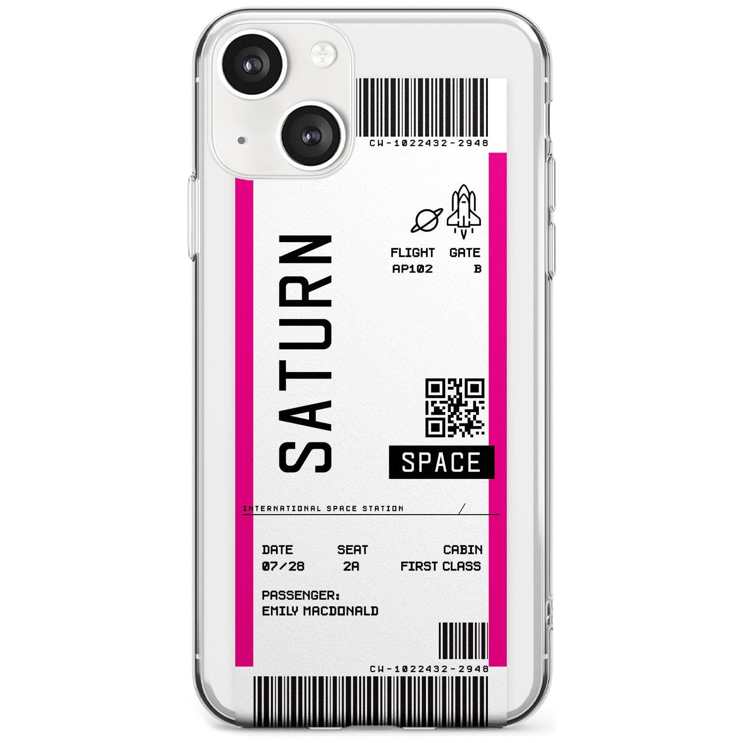 Personalised Saturn Space Travel Ticket Custom Phone Case iPhone 13 / Clear Case,iPhone 13 Mini / Clear Case,iPhone 14 / Clear Case,iPhone 14 Plus / Clear Case Blanc Space