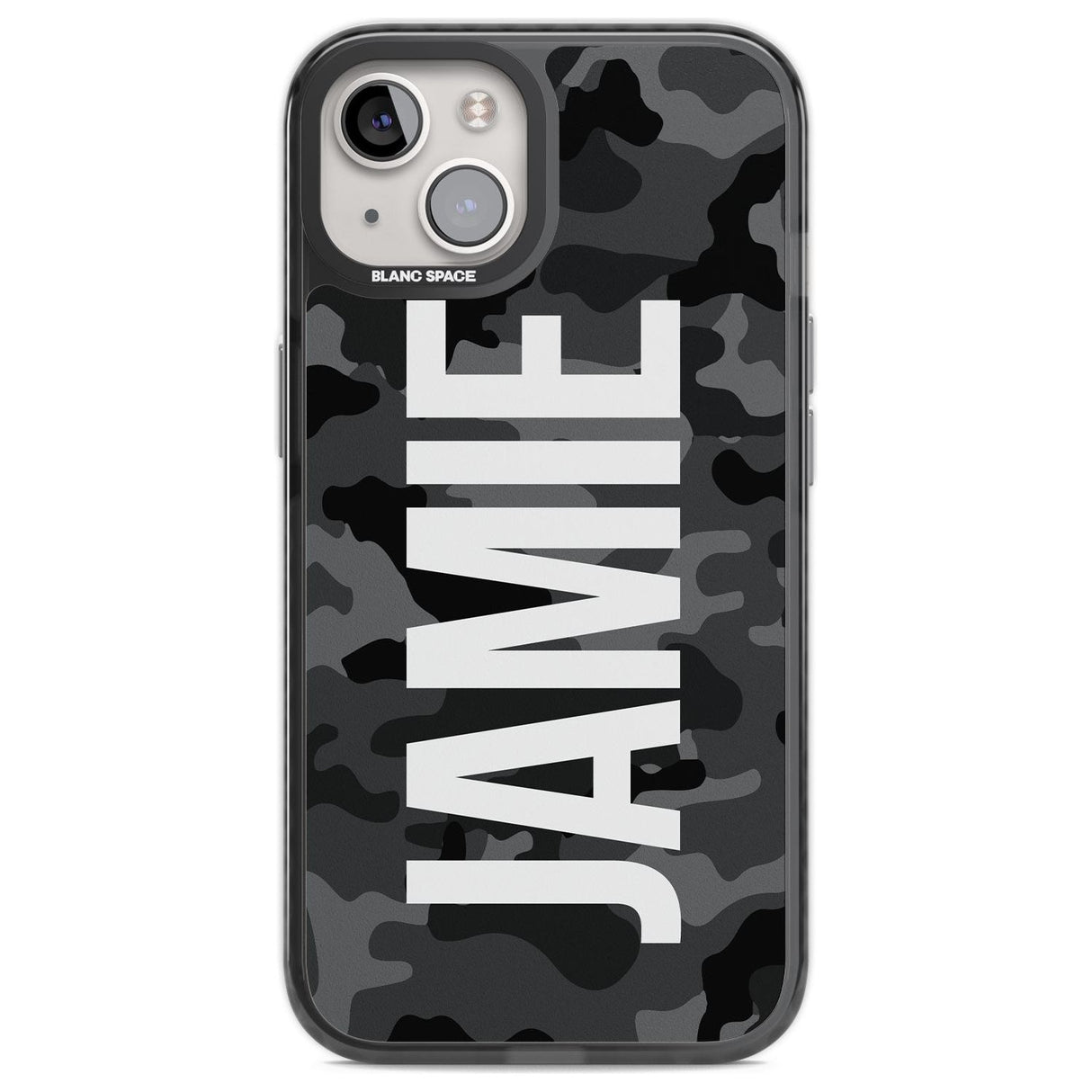 Personalised Vertical Name Black Camouflage Custom Phone Case iPhone 12 / Black Impact Case,iPhone 13 / Black Impact Case,iPhone 12 Pro / Black Impact Case,iPhone 14 / Black Impact Case,iPhone 15 Plus / Black Impact Case,iPhone 15 / Black Impact Case Blanc Space