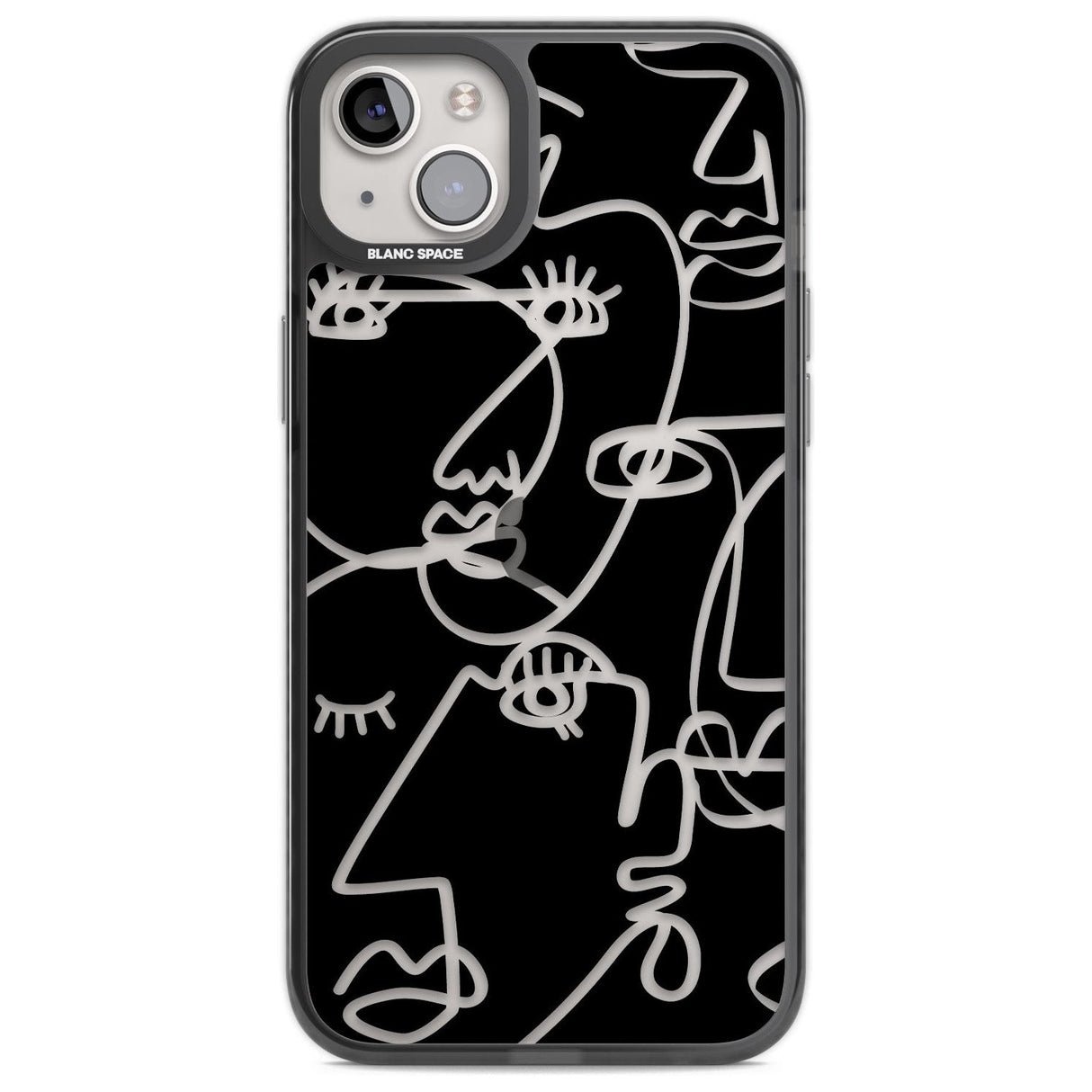 Abstract Continuous Line Faces Clear on Black Phone Case iPhone 14 Plus / Black Impact Case Blanc Space