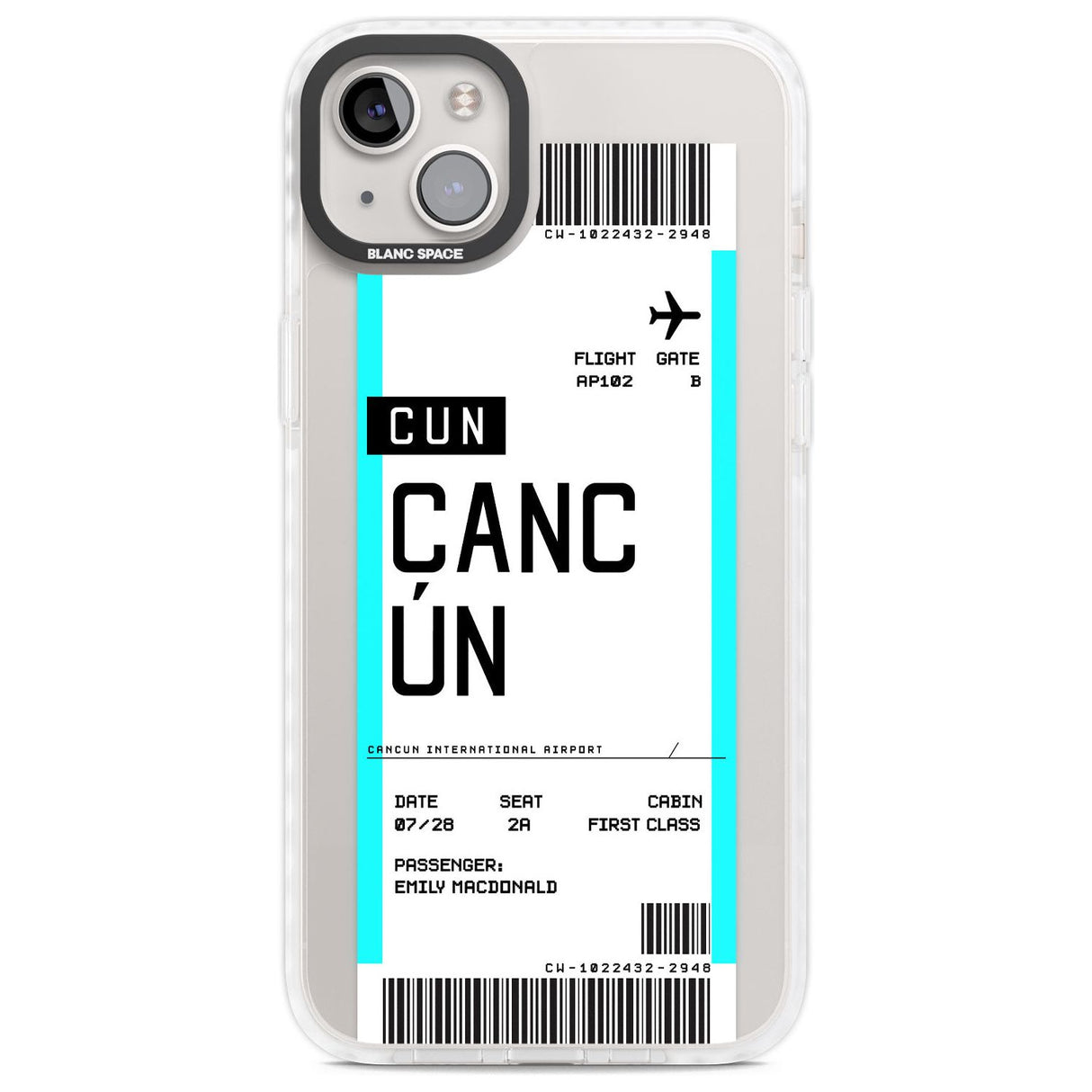 Personalised Cancún Boarding Pass Custom Phone Case iPhone 14 Plus / Impact Case Blanc Space