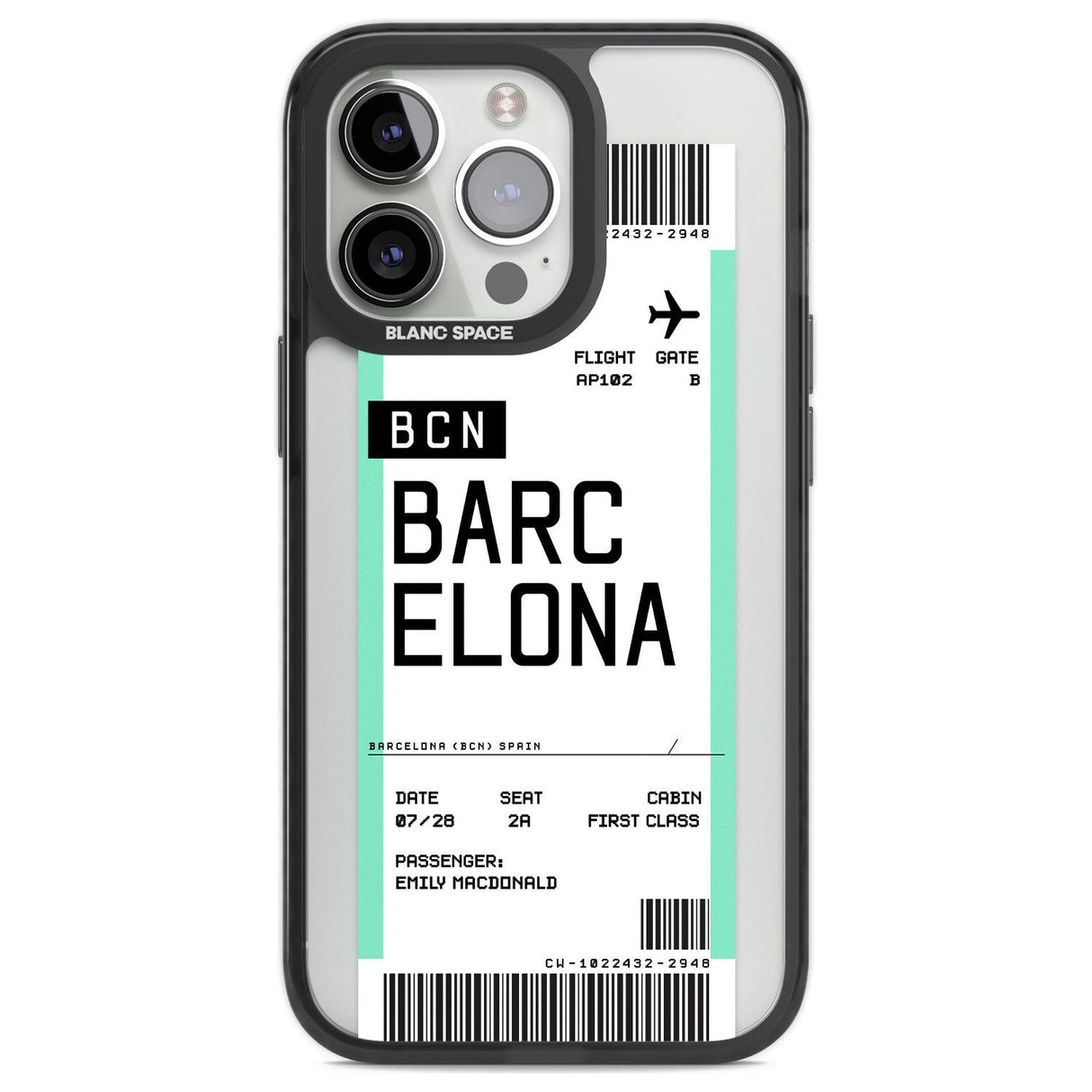 Personalised Barcelona Boarding Pass Custom Phone Case iPhone 13 Pro / Black Impact Case,iPhone 14 Pro / Black Impact Case,iPhone 15 Pro Max / Black Impact Case,iPhone 15 Pro / Black Impact Case Blanc Space