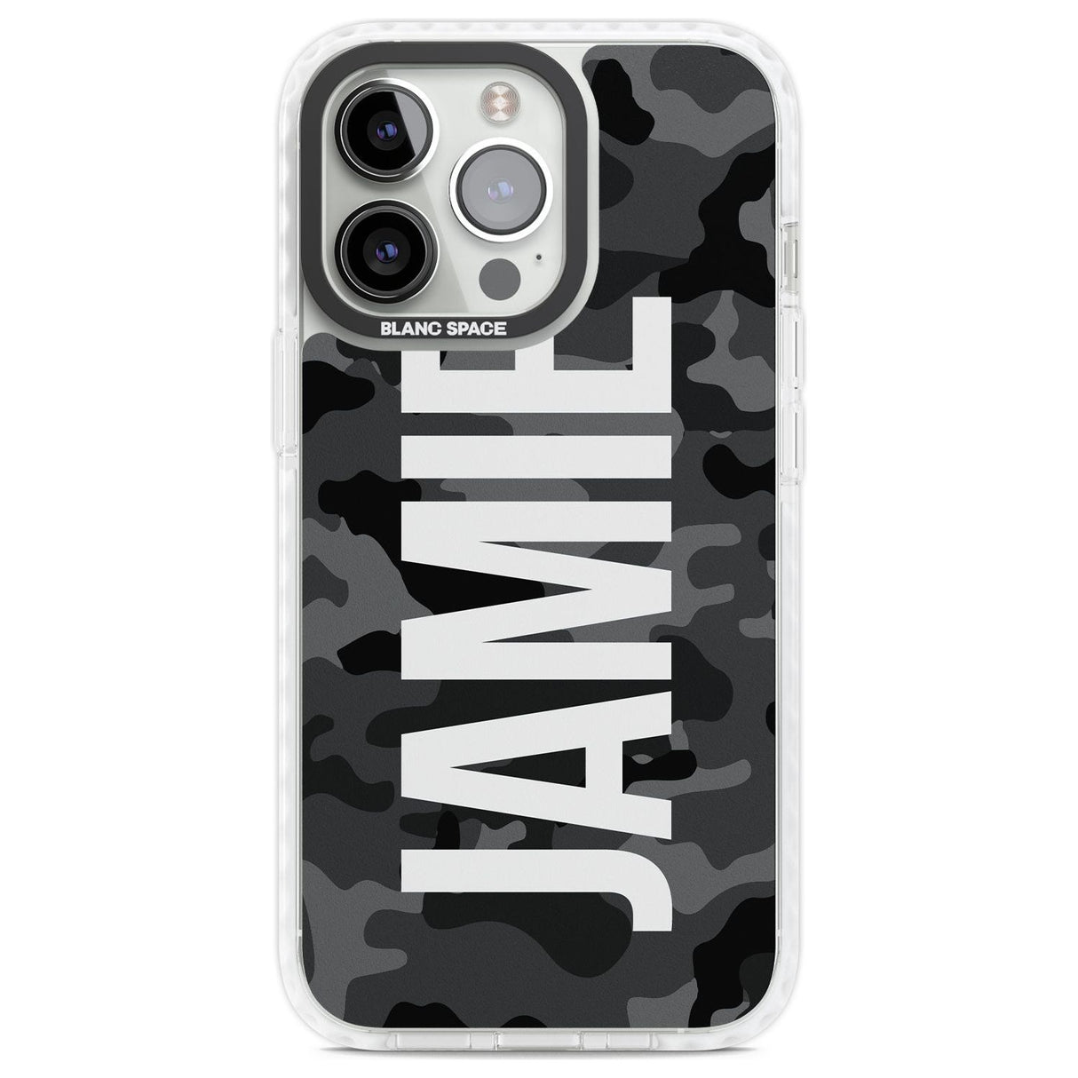 Personalised Vertical Name Black Camouflage Custom Phone Case iPhone 13 Pro / Impact Case,iPhone 14 Pro / Impact Case,iPhone 15 Pro Max / Impact Case,iPhone 15 Pro / Impact Case Blanc Space