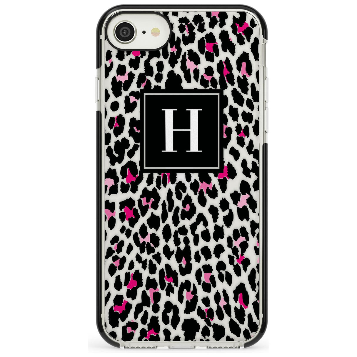 Customised Pink Monogram Leopard Spots Black Impact Phone Case for iPhone SE 8 7 Plus