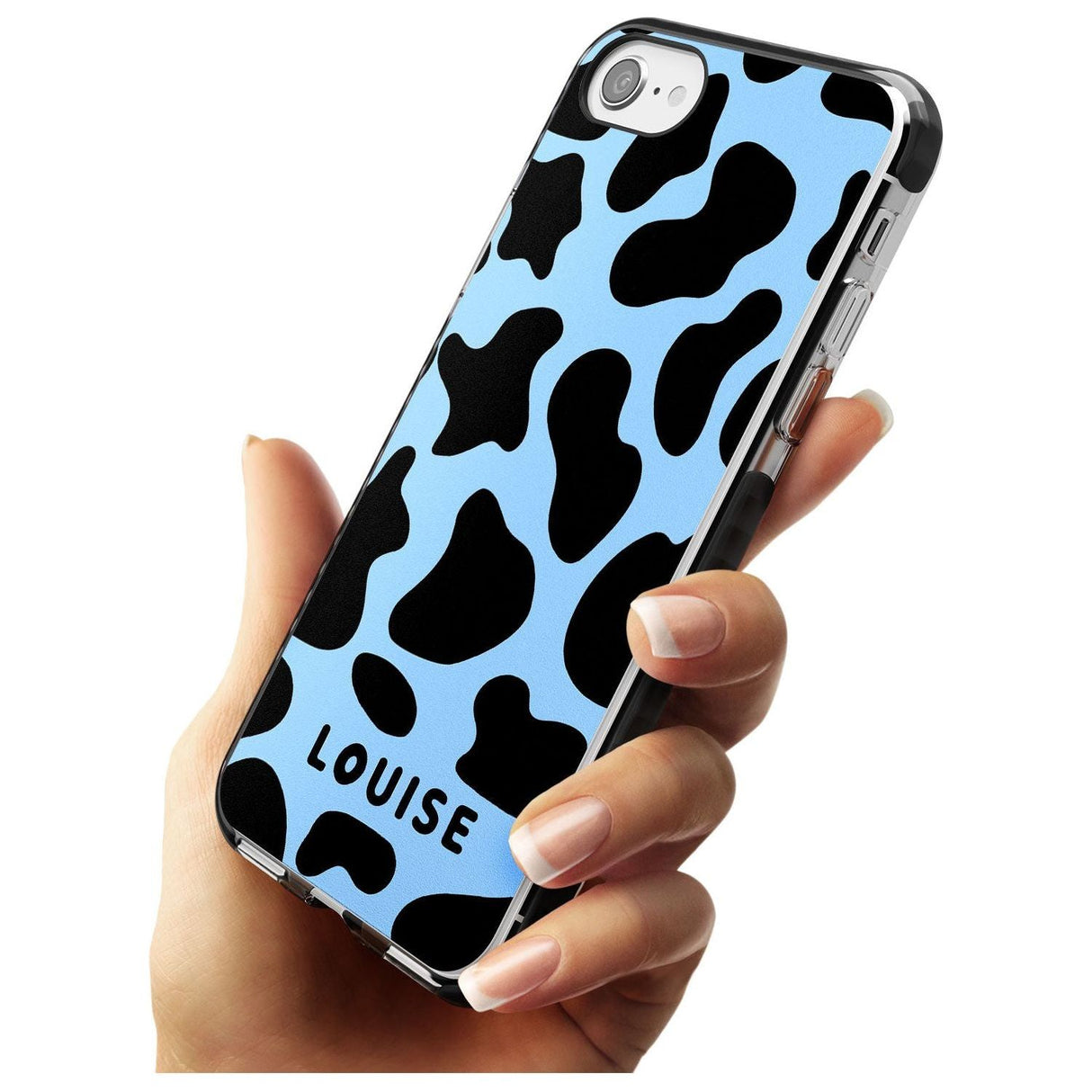 Personalised Blue and Black Cow Print Black Impact Phone Case for iPhone SE 8 7 Plus