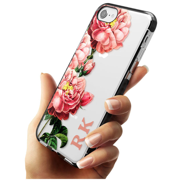 Custom Clear Vintage Floral Pink Peonies Black Impact Phone Case for iPhone SE 8 7 Plus