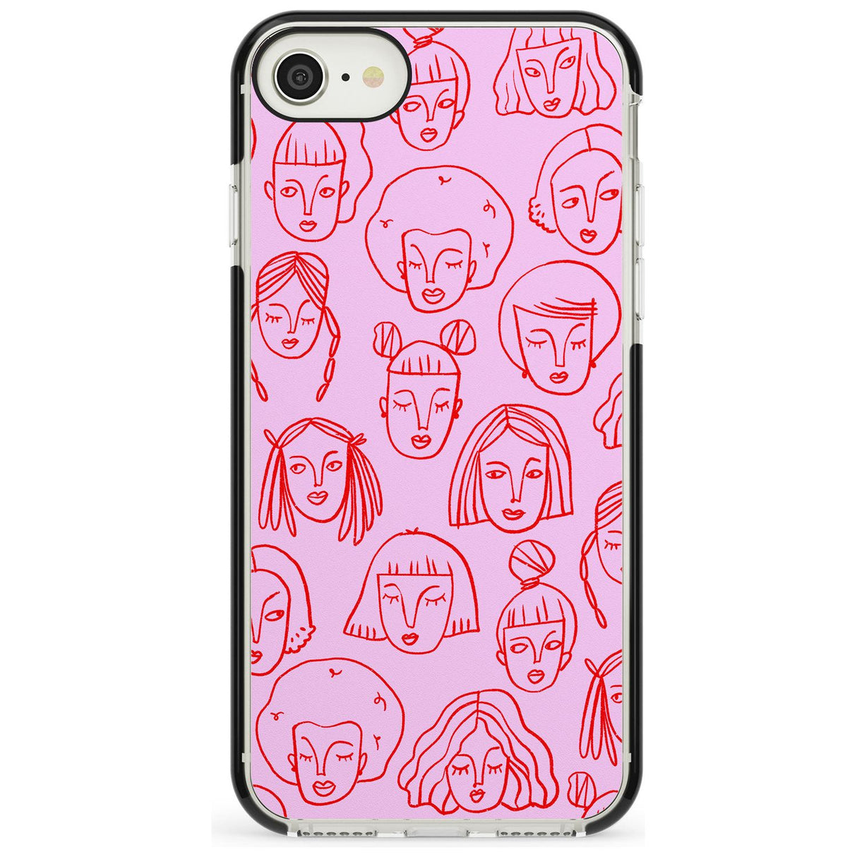 Girl Portrait Doodles in Pink & Red Black Impact Phone Case for iPhone SE 8 7 Plus